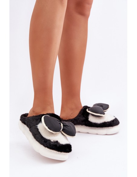 Furry Slippers With Bow Black Grilis