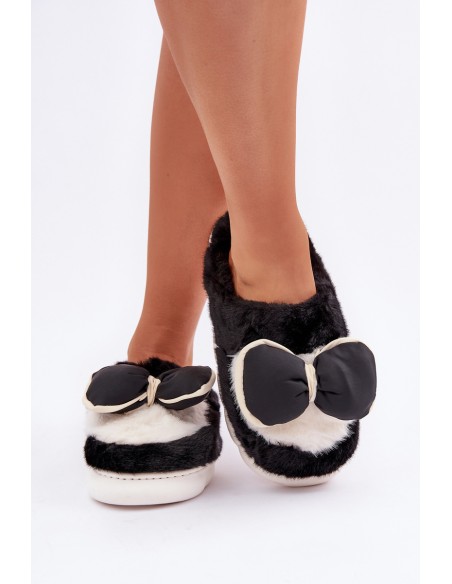 Furry Slippers With Bow Black Grilis