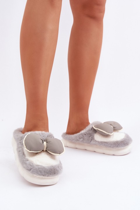 Furry Slippers With Bow Gray Grilis