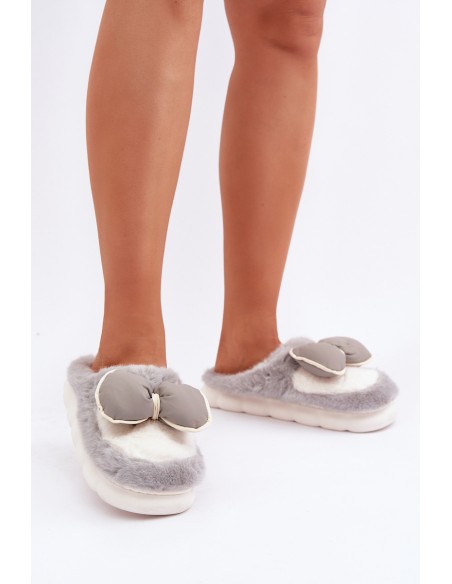 Furry Slippers With Bow Gray Grilis