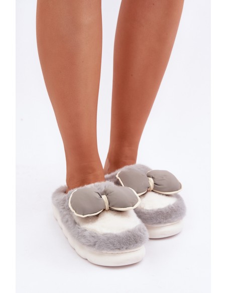 Furry Slippers With Bow Gray Grilis