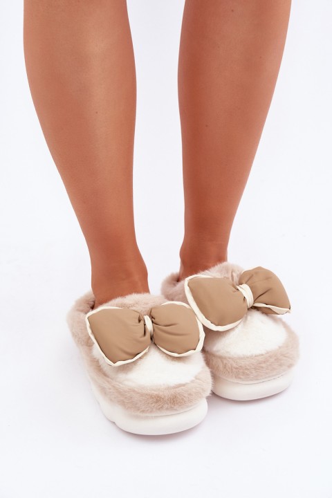 Furry Slippers With Bow Beige Grilis