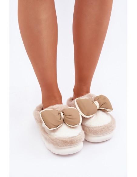 Furry Slippers With Bow Beige Grilis