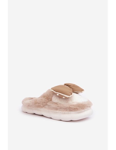 Furry Slippers With Bow Beige Grilis