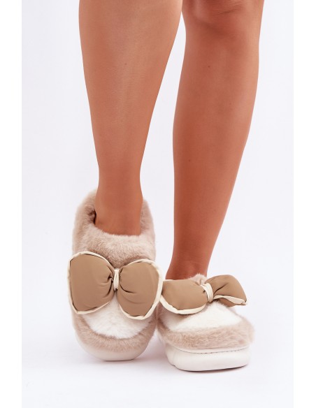 Furry Slippers With Bow Beige Grilis