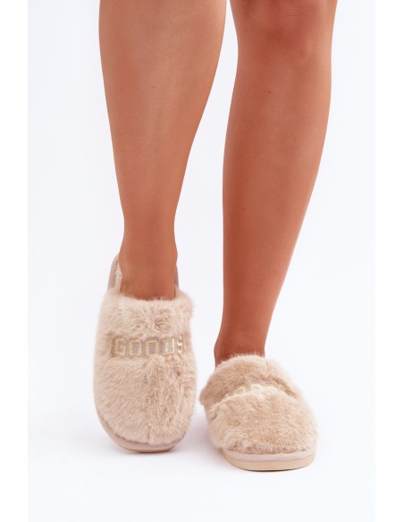 Women s Furry Slippers With Bear And Decorative Elements Beige Innalise
