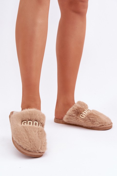 Ladies Slippers With Fur And Text Brown Kalelia