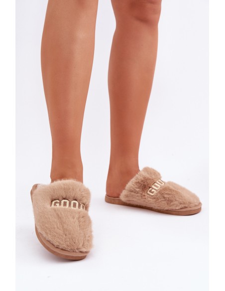 Ladies Slippers With Fur And Text Brown Kalelia