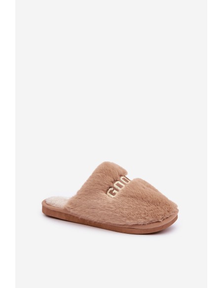 Moteriškos šlepetės su kailiu ir tekstu Brown Kalelia