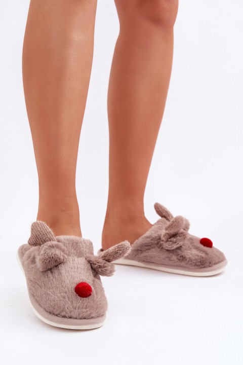 Womens Dark Beige Slippers With Reindeer Motif Sennalith