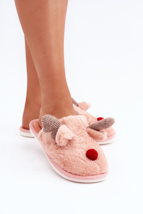 Women Fur Slippers With Reindeer Motif Pink Sennalith