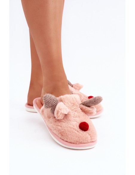 Women Fur Slippers With Reindeer Motif Pink Sennalith