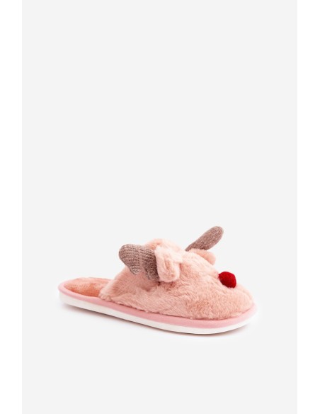 Moteriškos kailinės šlepetės su šiaurės elnio motyvu Pink Sennalith
