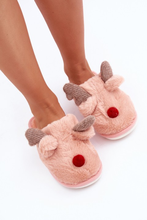 Women Fur Slippers With Reindeer Motif Pink Sennalith