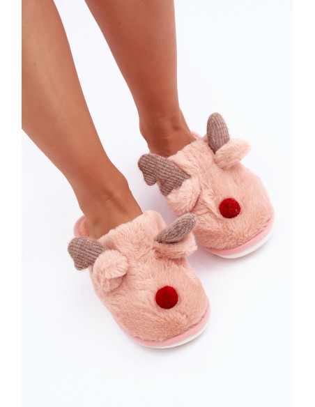 Women Fur Slippers With Reindeer Motif Pink Sennalith