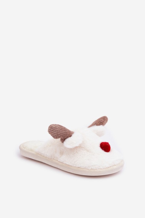 Women's Furry Slippers With Reindeer Motif White Sennalith