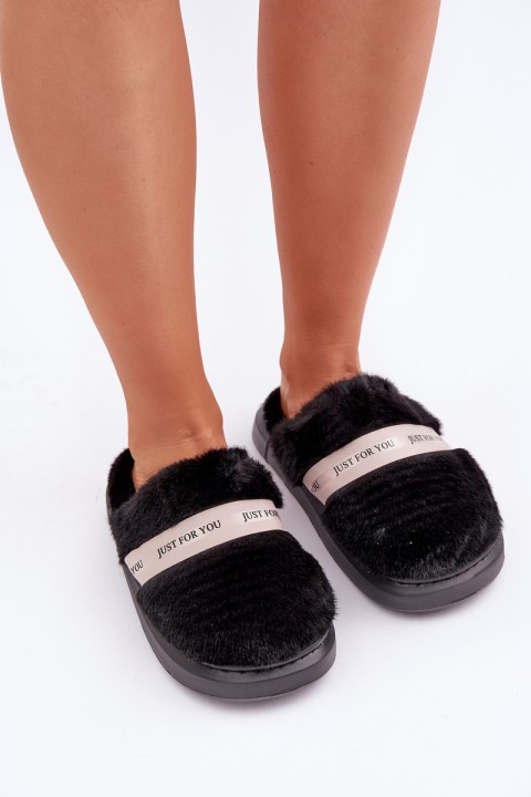 Furry Slippers With Decorative Strap Black Savalithea