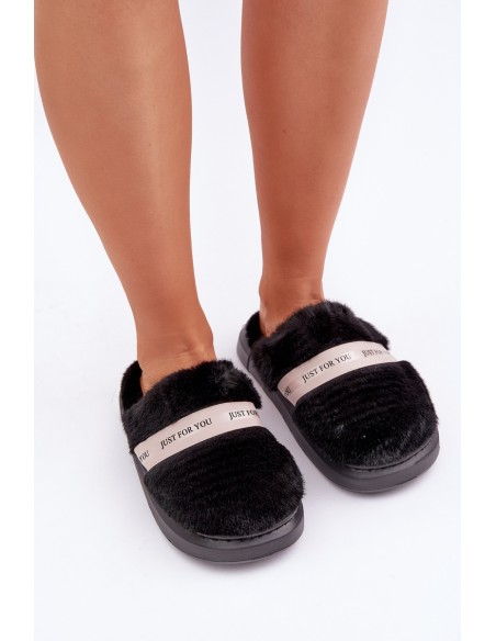Furry Slippers With Decorative Strap Black Savalithea