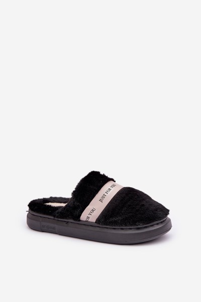 Furry Slippers With Decorative Strap Black Savalithea 2