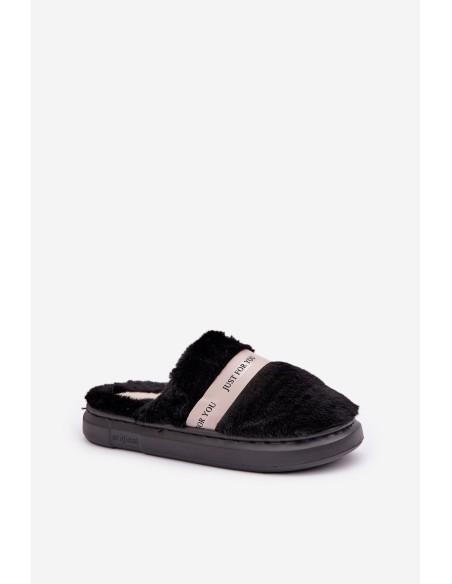 Furry Slippers With Decorative Strap Black Savalithea
