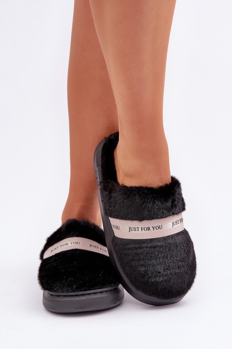Furry Slippers With Decorative Strap Black Savalithea