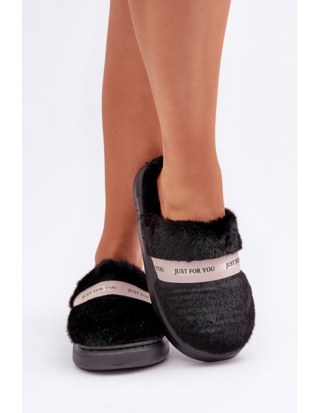Furry Slippers With Decorative Strap Black Savalithea