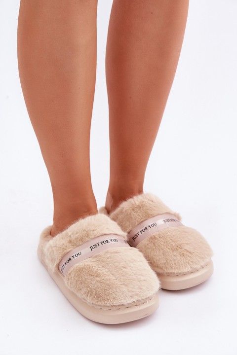 Fur Slippers With Decorative Strap Beige Savalithea