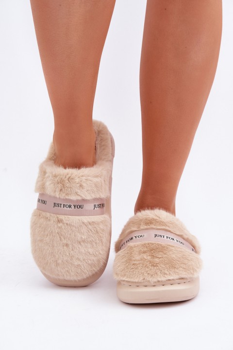 Fur Slippers With Decorative Strap Beige Savalithea