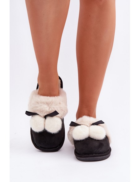 Ladies Slippers With Fur Black Nartani