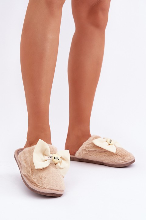 Women's Slippers With Fur And Bow Beige Olfedi