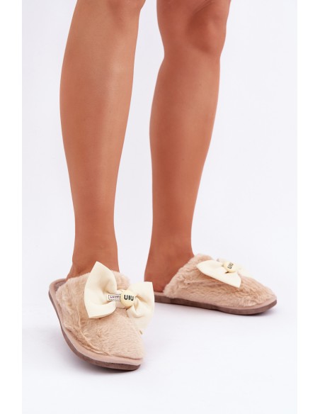 Women's Slippers With Fur And Bow Beige Olfedi