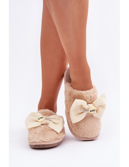 Women's Slippers With Fur And Bow Beige Olfedi
