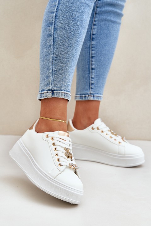 Eco Leather Sneakers With Embellishments White-Gold Enalirae