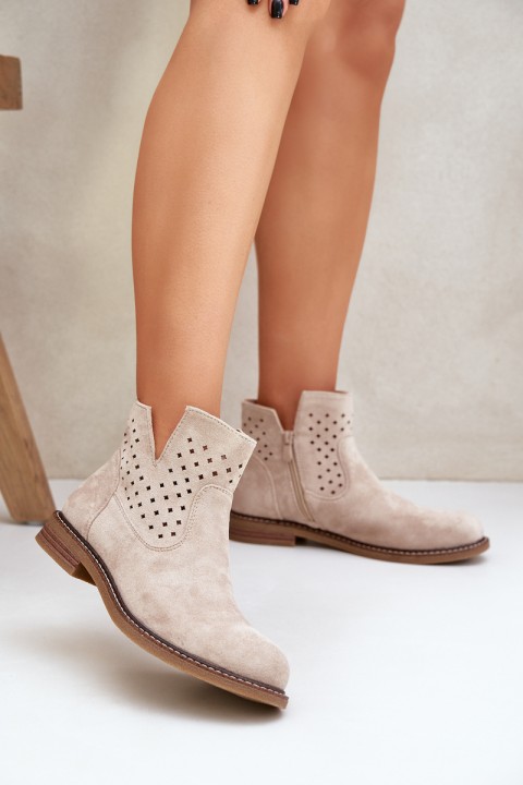 Flat Heeled Ankle Boots With Perforated Shaft Light Beige Elivaya