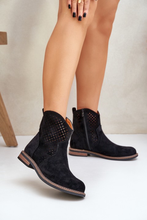 Perforated Ankle Boots With Flat Heel Black Zinollia