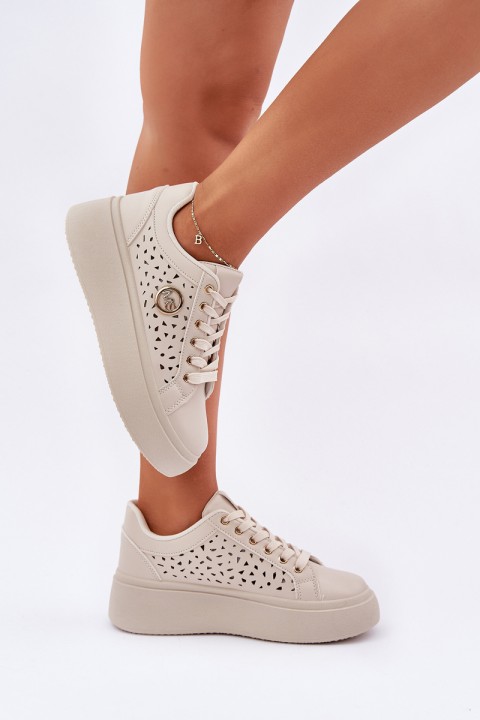 Perforated Sneakers With Gold Detail Beige Cassildi