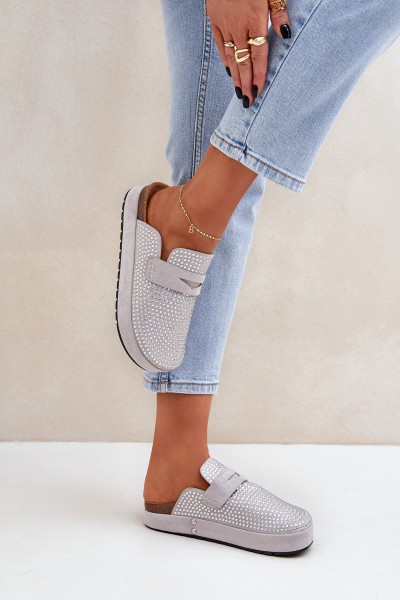 Ladies Sandals Adorned With Rhinestones On Platform Gray Deorani