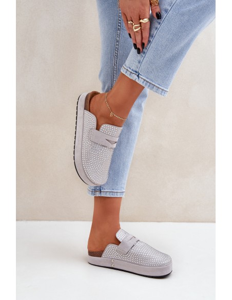 Ladies Sandals Adorned With Rhinestones On Platform Gray Deorani