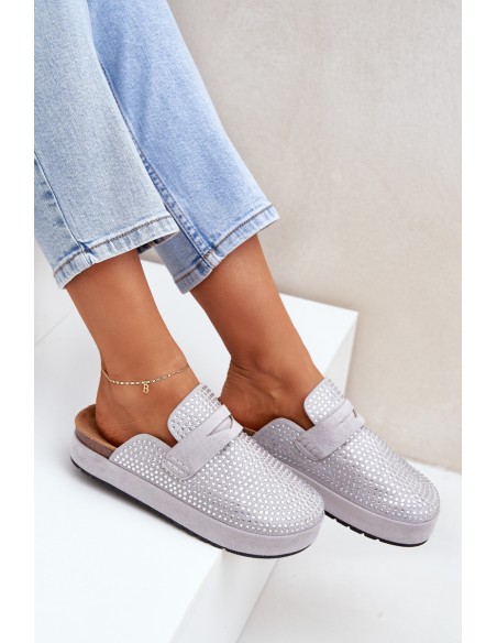 Ladies Sandals Adorned With Rhinestones On Platform Gray Deorani