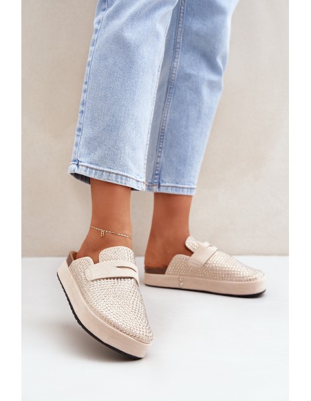 Women's sandals decorated with rhinestones on a platform beige Deorani