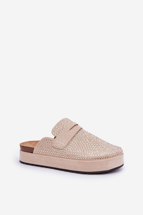 Kalnų krištolais dekoruoti moteriški sandalai ant smėlio spalvos Deorani platformos