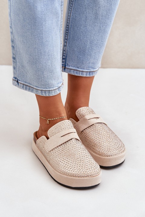 Kalnų krištolais dekoruoti moteriški sandalai ant smėlio spalvos Deorani platformos