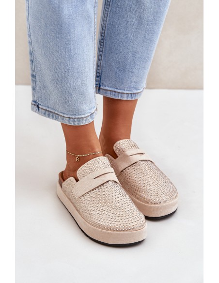 Women's sandals decorated with rhinestones on a platform beige Deorani