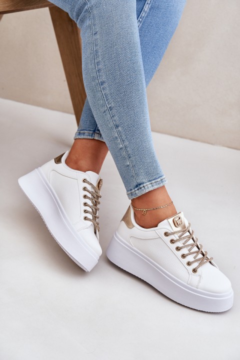 Platform Sneakers With Decorative Laces White-Gold Fonetha