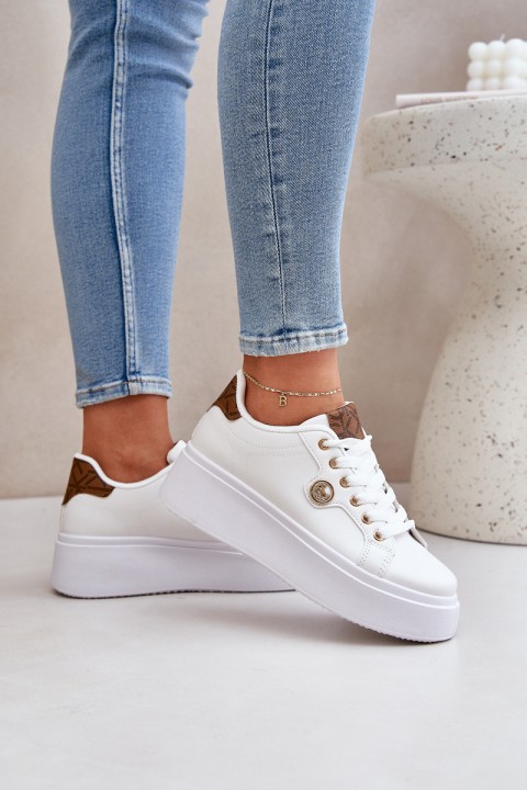 Eco Leather Sneakers On Platform With Golden Detail White-Brown Zingie