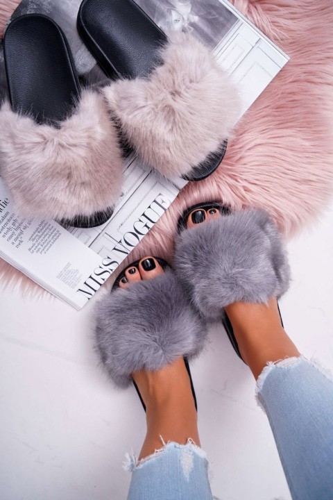 Women's Flip Flops with Fur Grey Black NiceFur