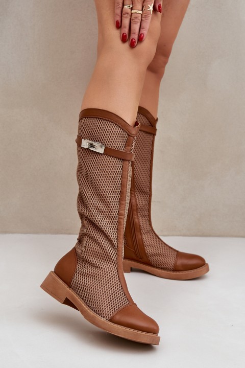 Mesh Boots On Flat Heel To Half Calf Brown Asgerda