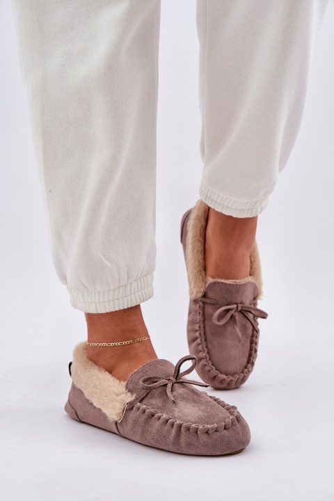 Ladies Moccasins Slippers With Fur Dark Beige Kleogoria