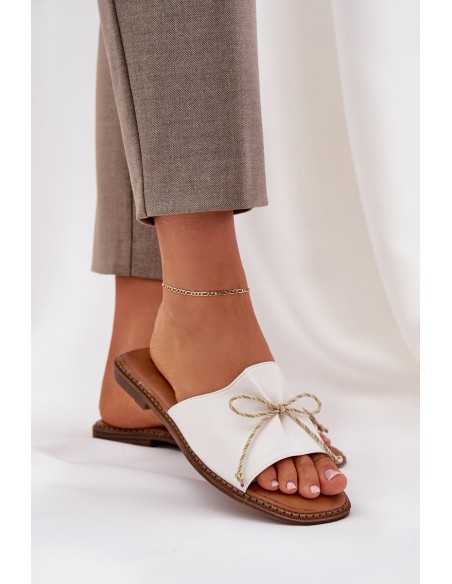 Flat Sole Slippers With Decorative Bow White Deonelis