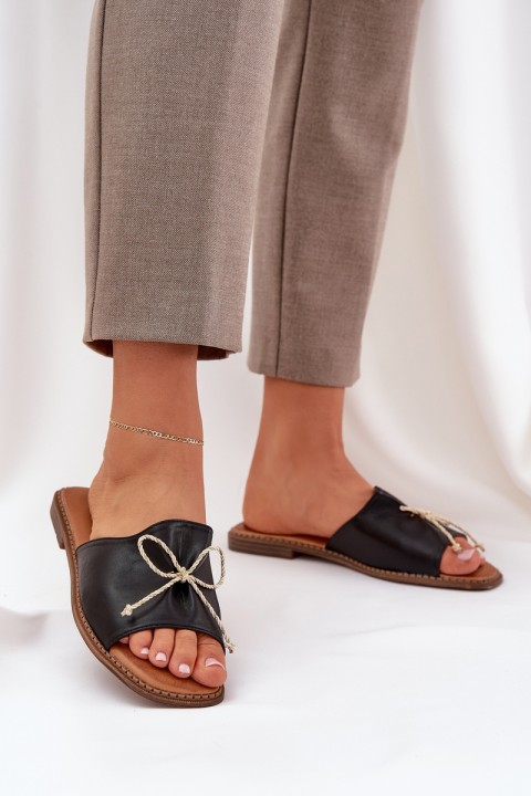 Flat Sole Sandals With Decorative Bow Black Deonelis